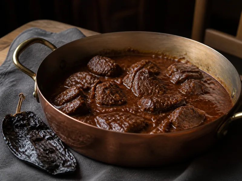 Beef braise in dark ancho sauce beside one broad dried ancho pod - chipotle powder substitutes | KnowTheSpices