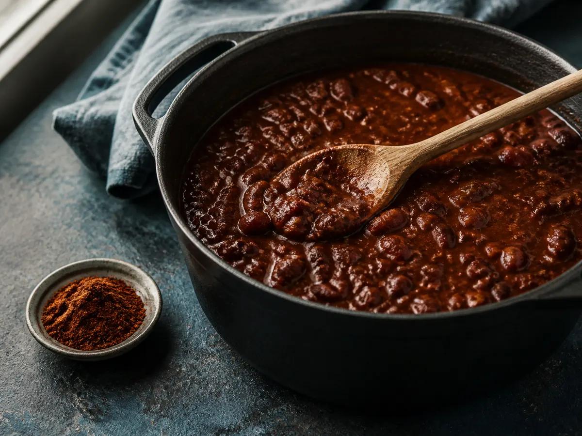 Cast-iron pot of bean chili with a small dish of red-brown chile powder - chipotle substitute in a wet dish | KnowTheSpices