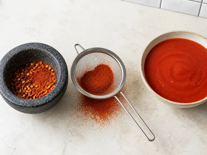 Chili flakes and paprika ground in a mortar and sifted beside smooth tomato sauce - chipotle powder substitutes | KnowTheSpices