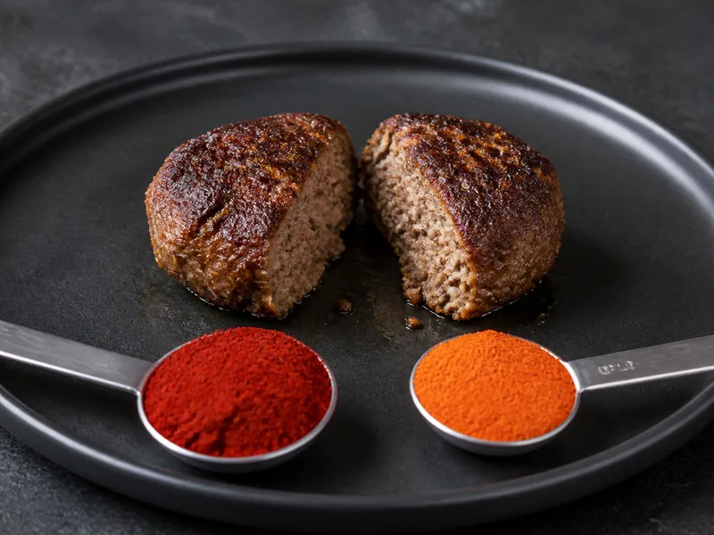 Separate spoons of smoked paprika and cayenne beside a browned beef patty test - chipotle powder substitutes | KnowTheSpices