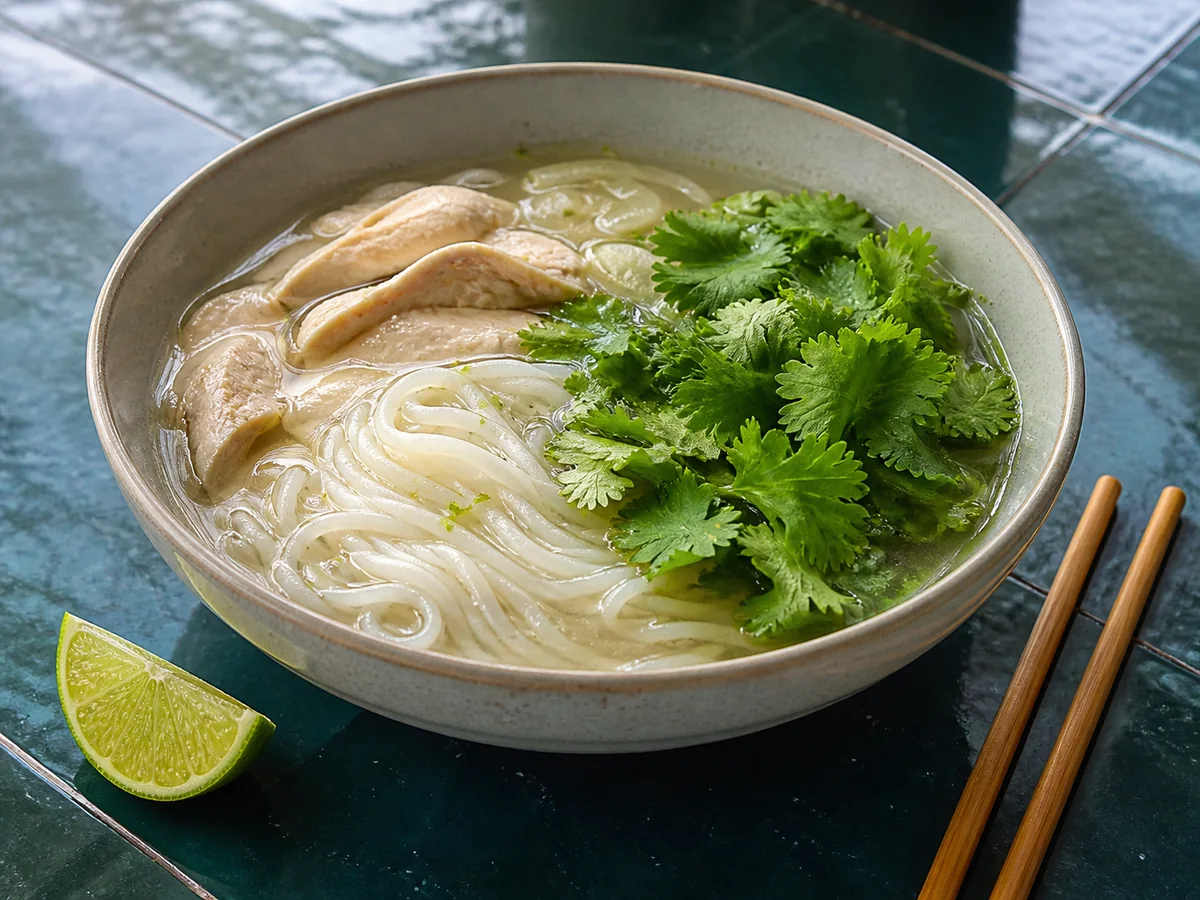 Fresh cilantro added to one side of a finished lime noodle soup - cilantro as a chive substitute | KnowTheSpices
