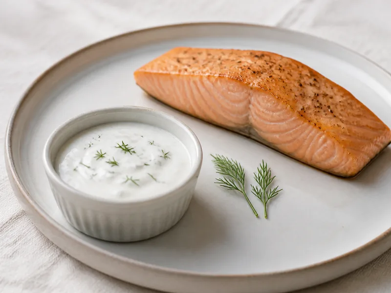 Dill-flecked yogurt sauce beside cooked salmon and two dill tips - chive-substitutes | KnowTheSpices