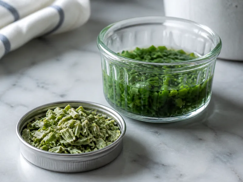 Dry freeze-dried chive flakes beside hydrated green chive pieces - chive-substitutes | KnowTheSpices