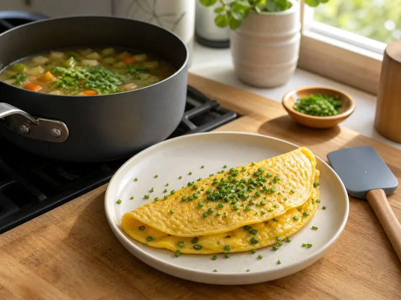 An omelet finished with delicate herbs beside a soup seasoned at an earlier stage - chive substitutes | KnowTheSpices