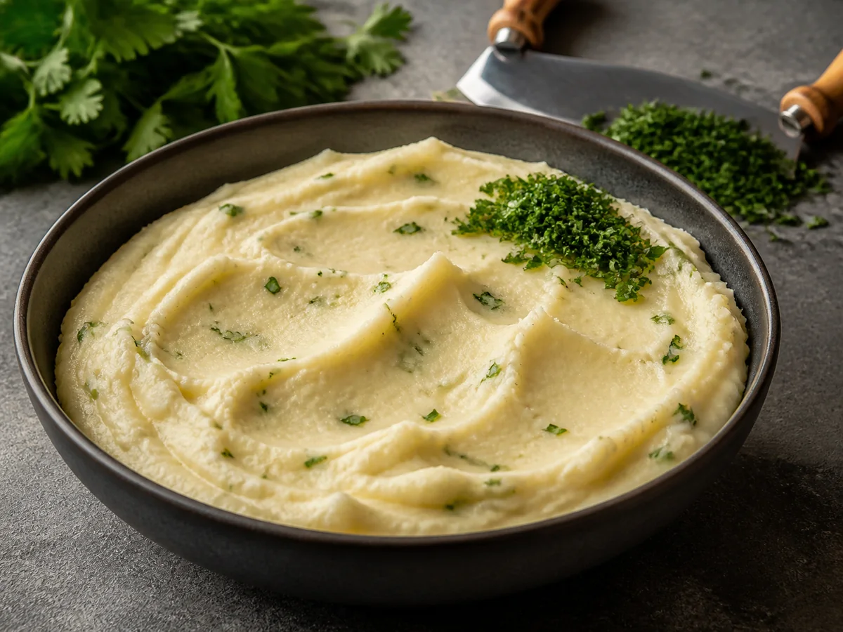Finely chopped flat-leaf parsley dispersed through smooth mashed potatoes - parsley as a chive substitute | KnowTheSpices