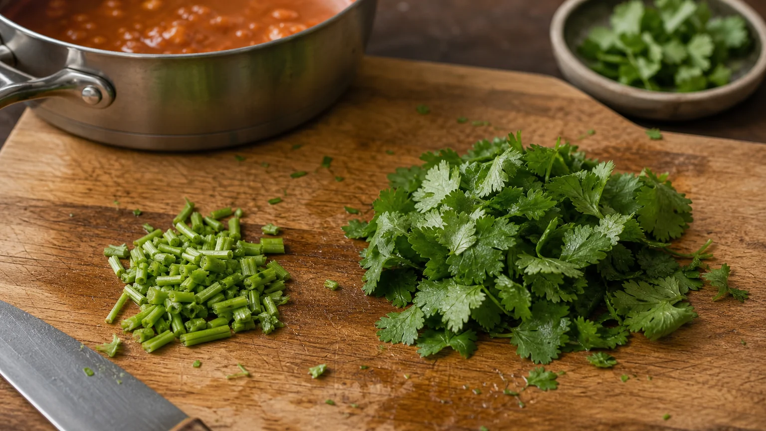 A bunch of cilantro with leaves picked to one side and stems chopped on a board ready for a salsa base