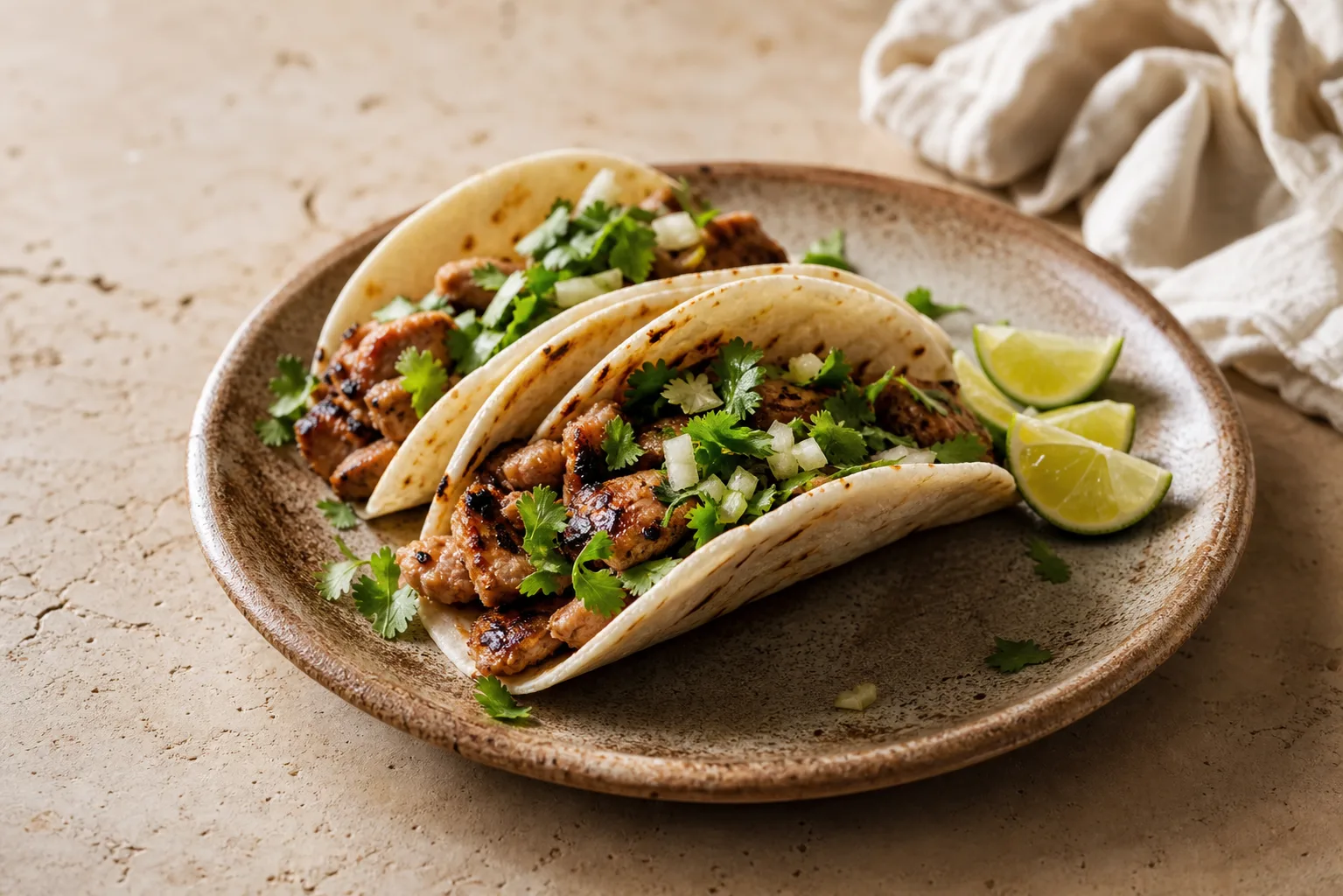Fresh cilantro leaves scattered over a plate of tacos with lime wedges on the side