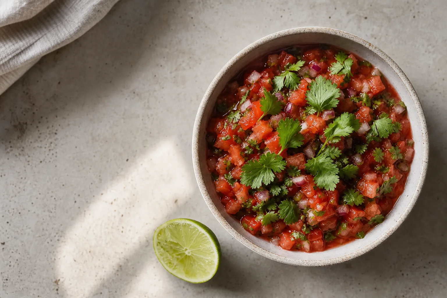A bowl of fresh tomato salsa with chopped cilantro stems mixed in and whole leaves scattered on top