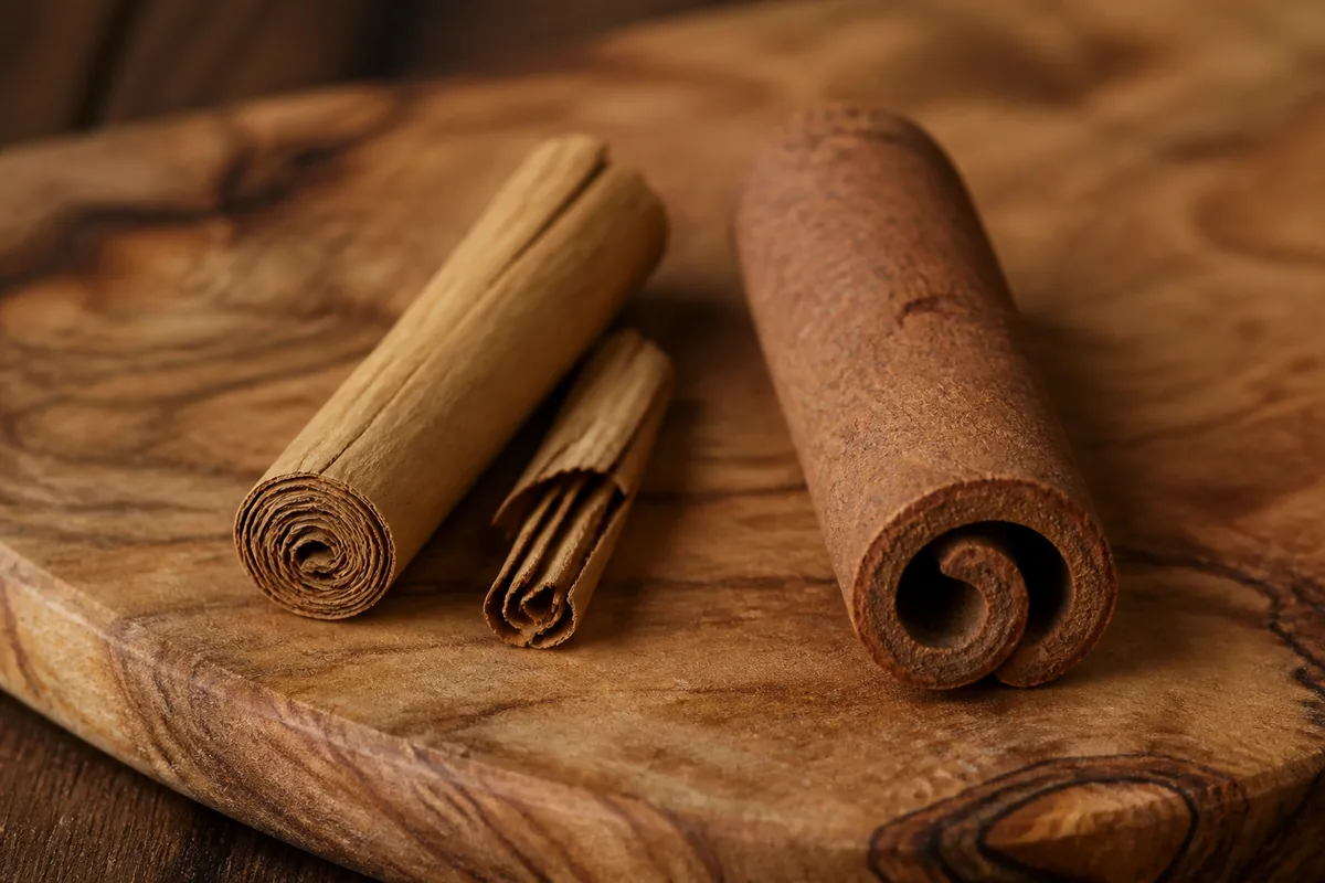A pale tan Ceylon cinnamon quill rolled from many thin papery layers beside a thick dark reddish-brown cassia stick with a single hard curl