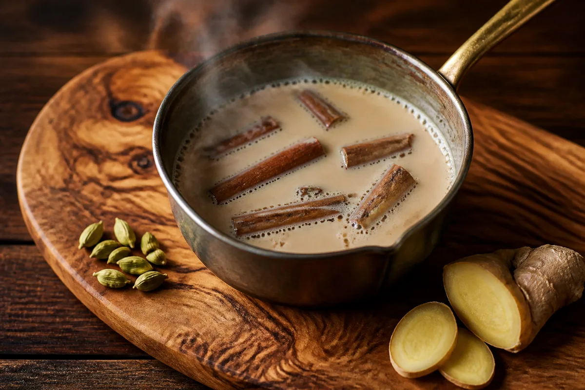 Broken cinnamon sticks simmering in a small pan of milk with green cardamom pods and a slice of ginger