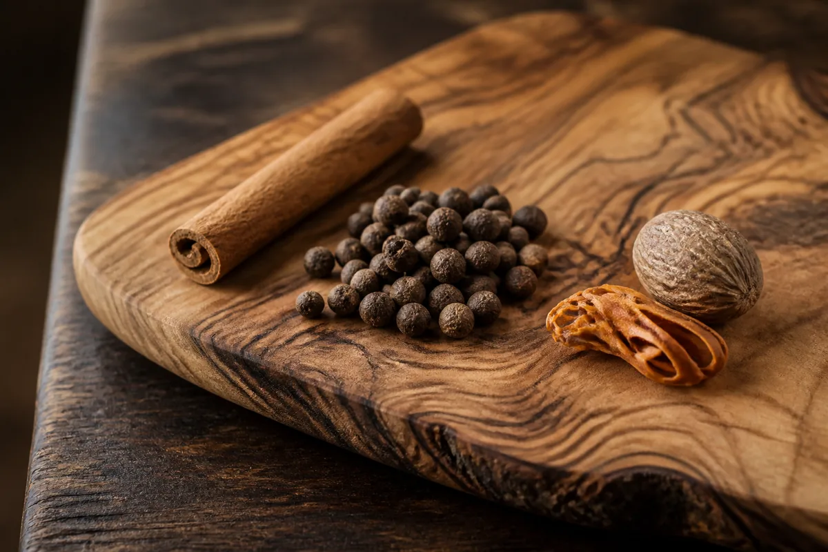 A cinnamon stick beside a pile of allspice berries and a whole nutmeg with a blade of mace