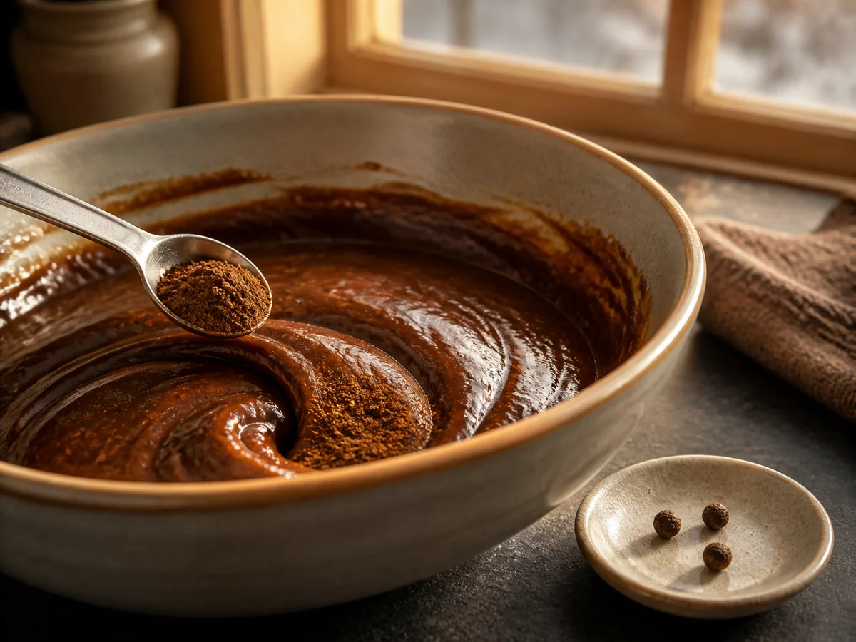 Half measure of ground allspice over dark gingerbread batter with whole berries beside it - allspice as a clove substitute | KnowTheSpices
