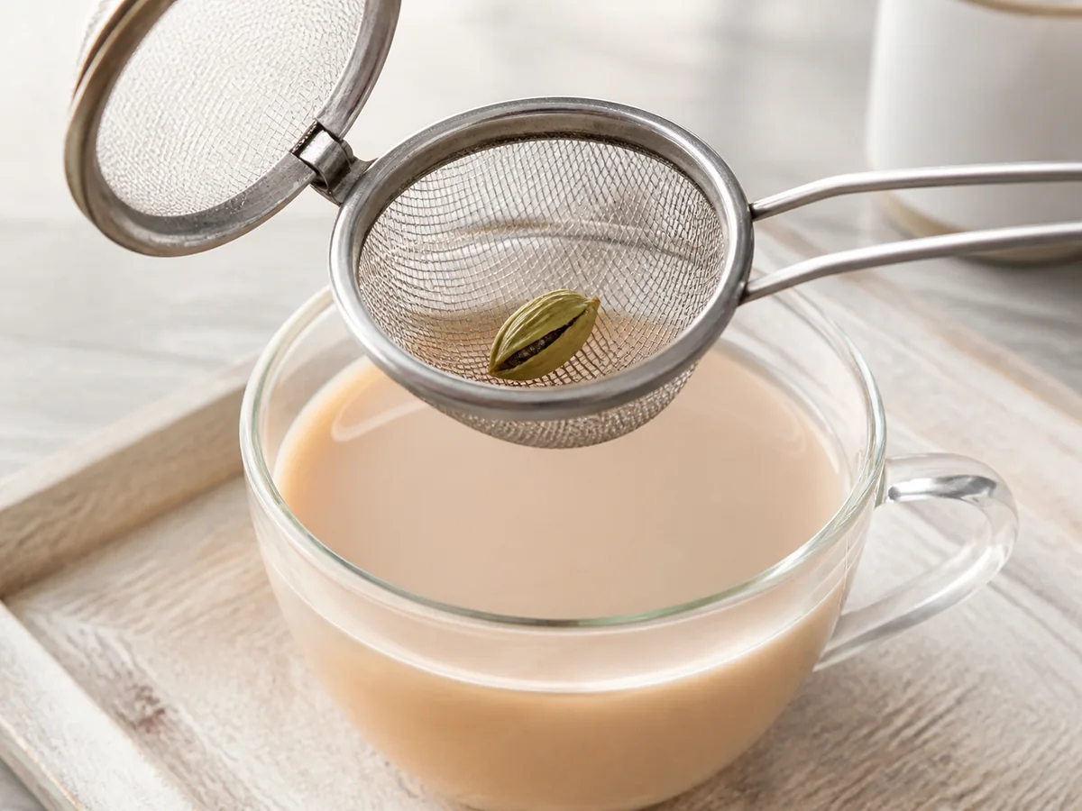 One cracked green cardamom pod held in a tea strainer above milk tea - cardamom as a clove substitute | KnowTheSpices