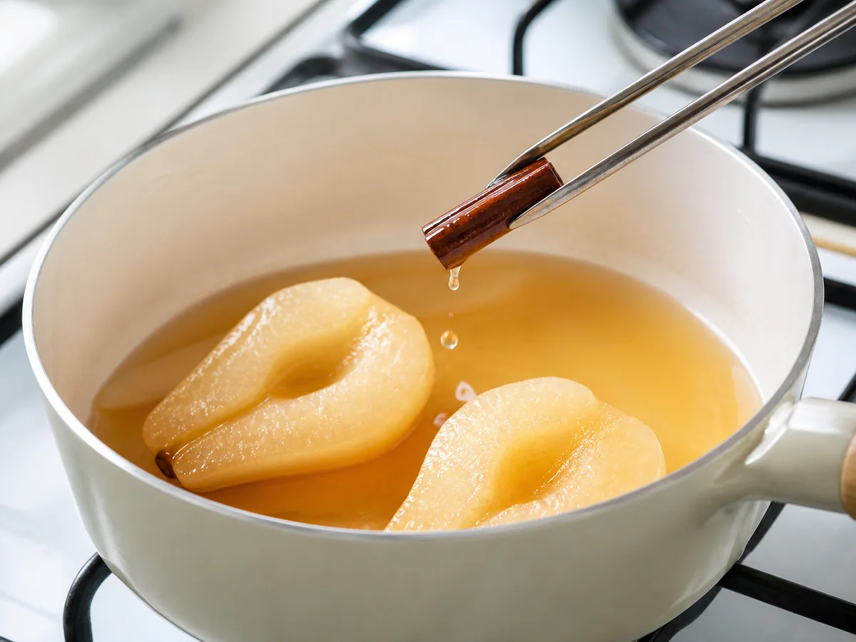 Short cinnamon stick being removed from poached pears as syrup drips back into the pan - cinnamon as a clove substitute | KnowTheSpices