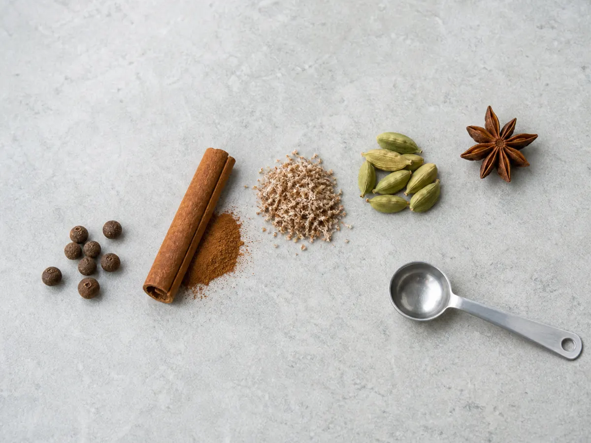 Allspice berries, cinnamon, nutmeg, cardamom, and star anise beside a measuring spoon - clove substitutes | KnowTheSpices