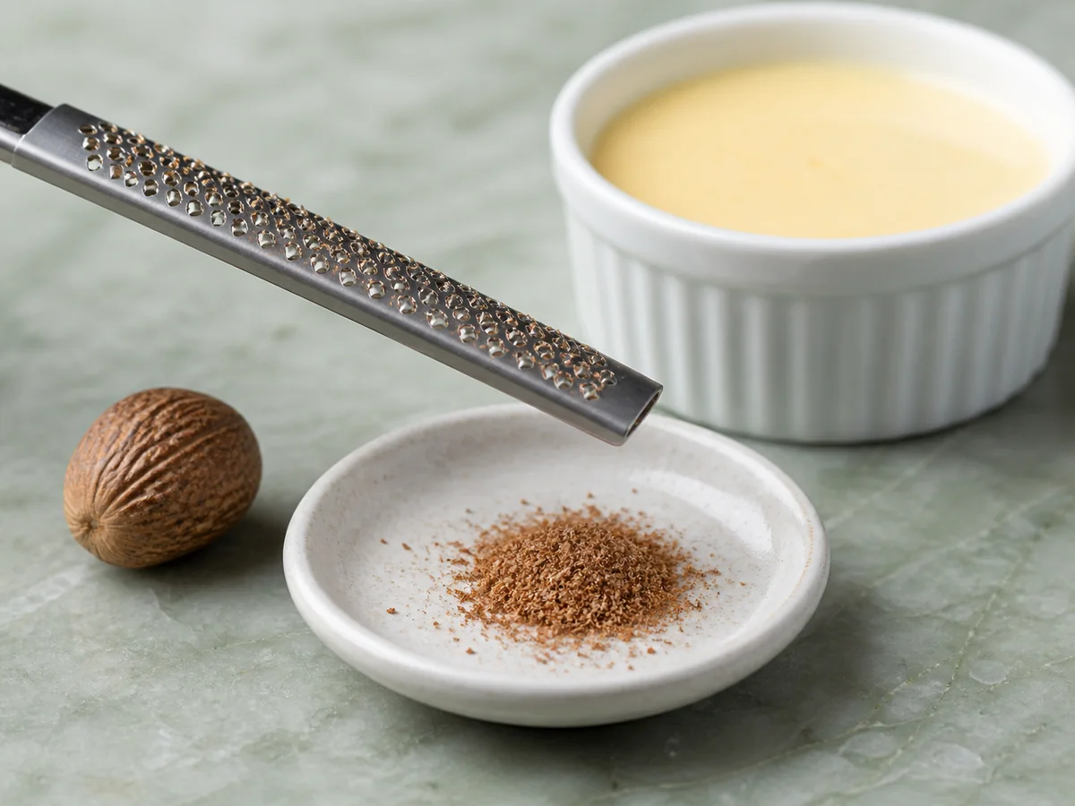 Fresh nutmeg grated onto a saucer beside a plain custard - nutmeg as a clove substitute | KnowTheSpices
