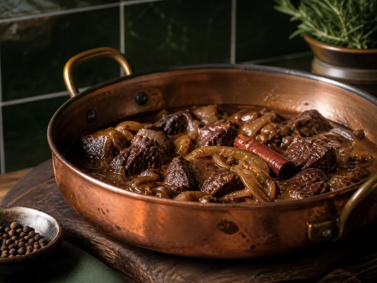 Dark onion and beef braise in a copper pan with cinnamon and allspice - savory clove substitute | KnowTheSpices