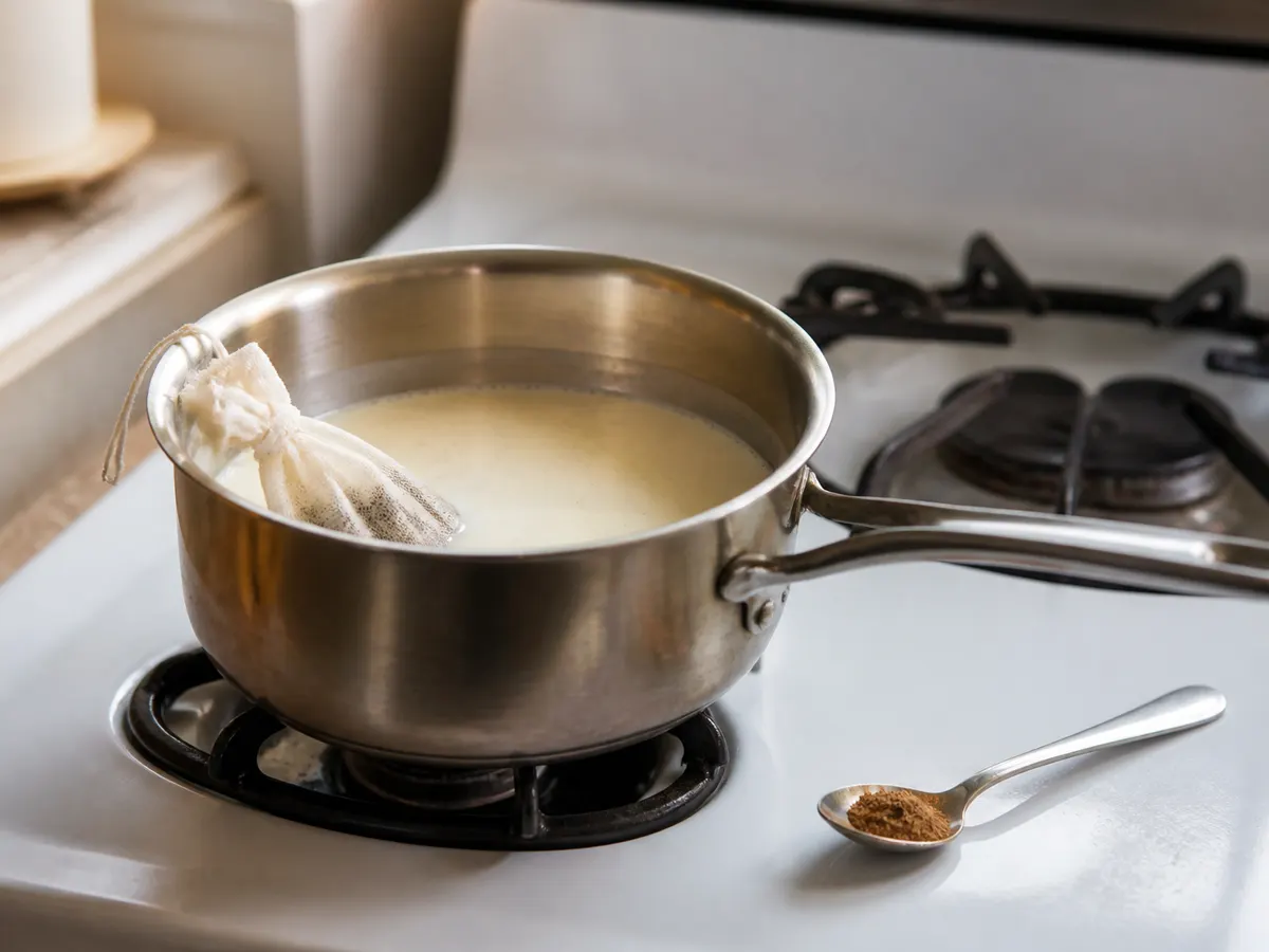 Saucepan with a removable spice sachet and a separate spoon of ground spice - whole and ground clove substitute forms | KnowTheSpices