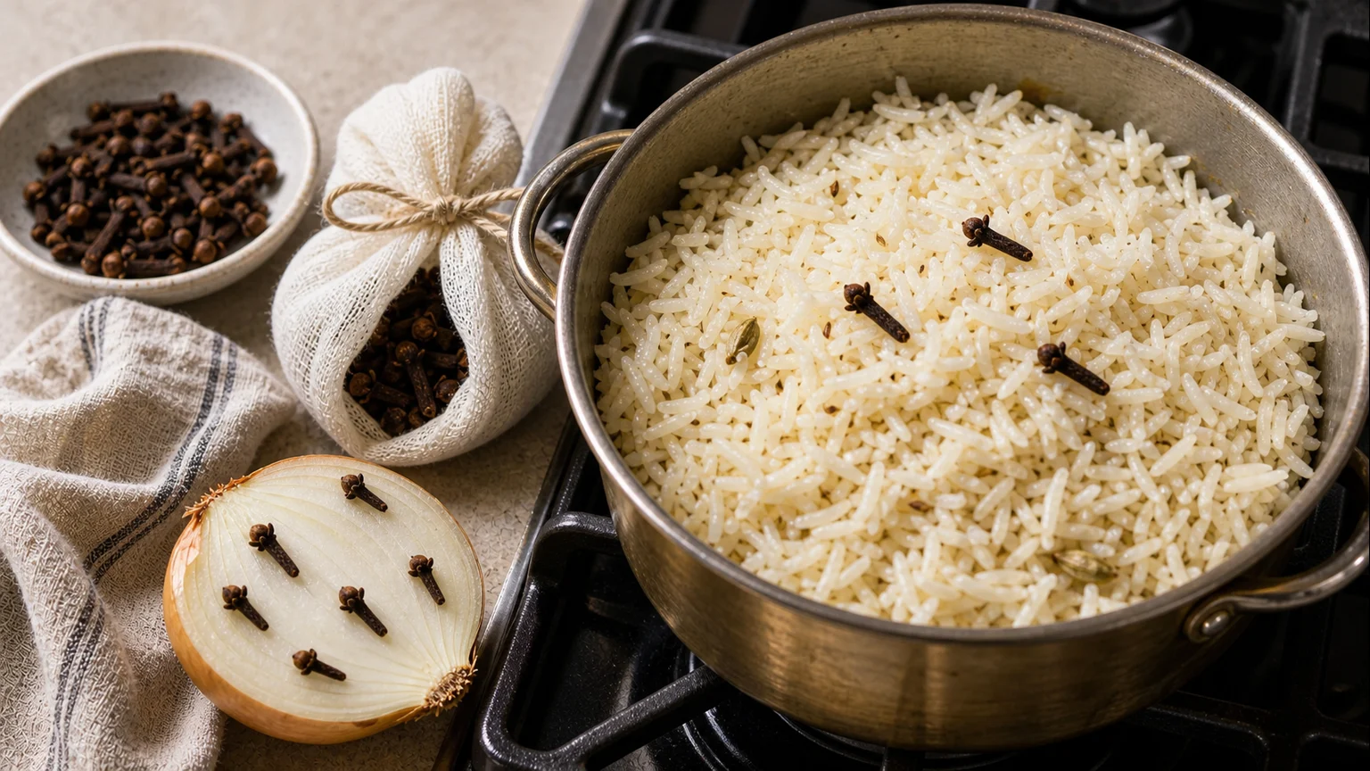 Whole cloves counted beside rice, orange peel, cinnamon, bay leaf, and ground cloves