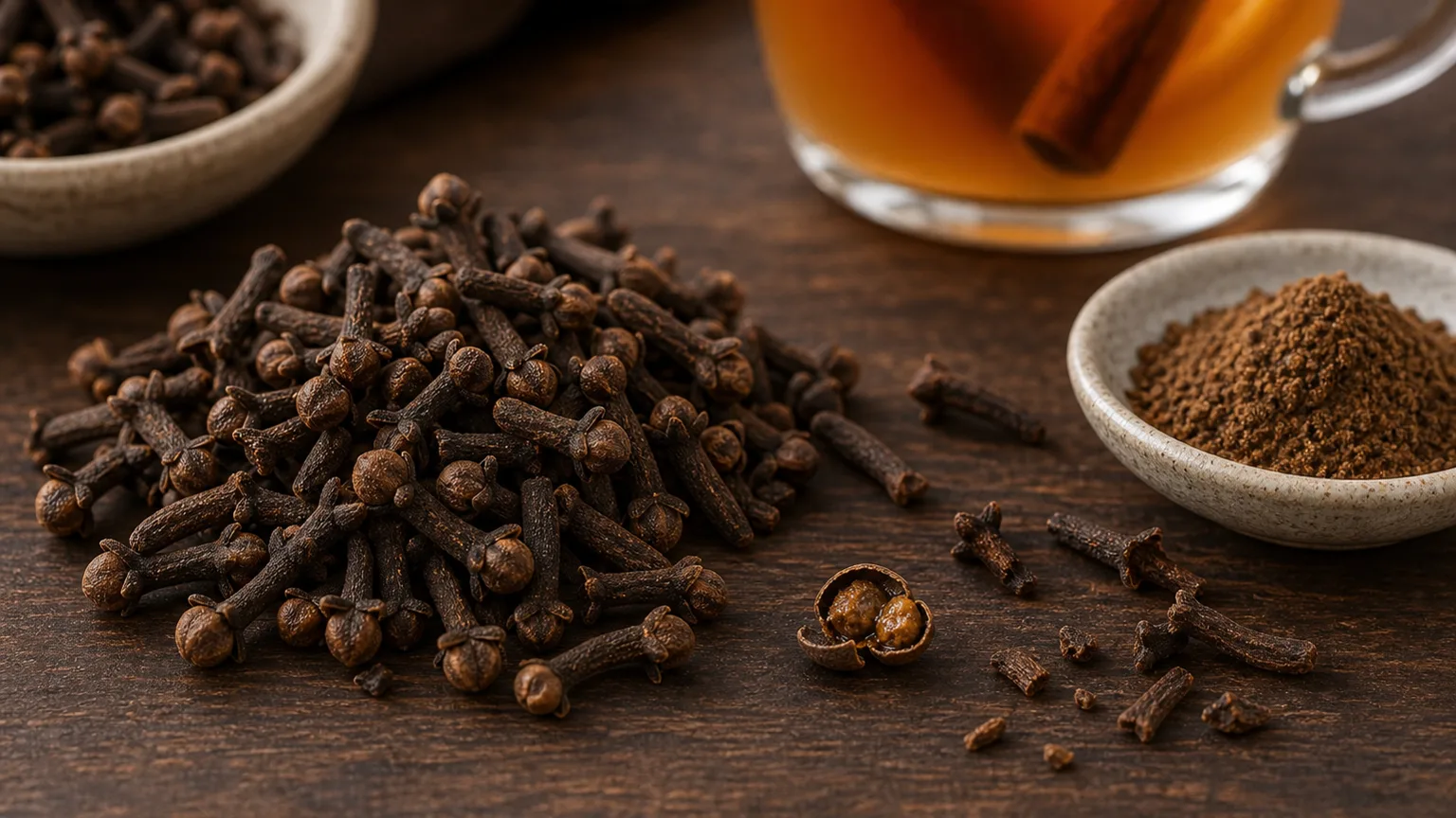 Whole clove buds, broken clove stems, cracked oily clove, ground cloves, and mulled cider