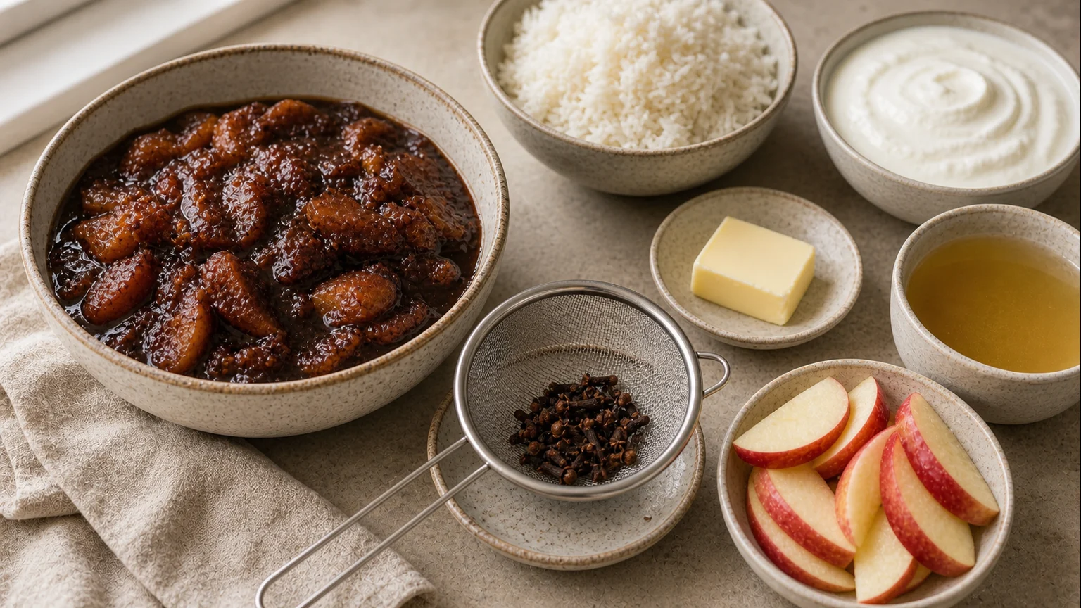 Over-spiced clove sauce beside strainer, rice, yogurt, citrus, butter, and apple slices