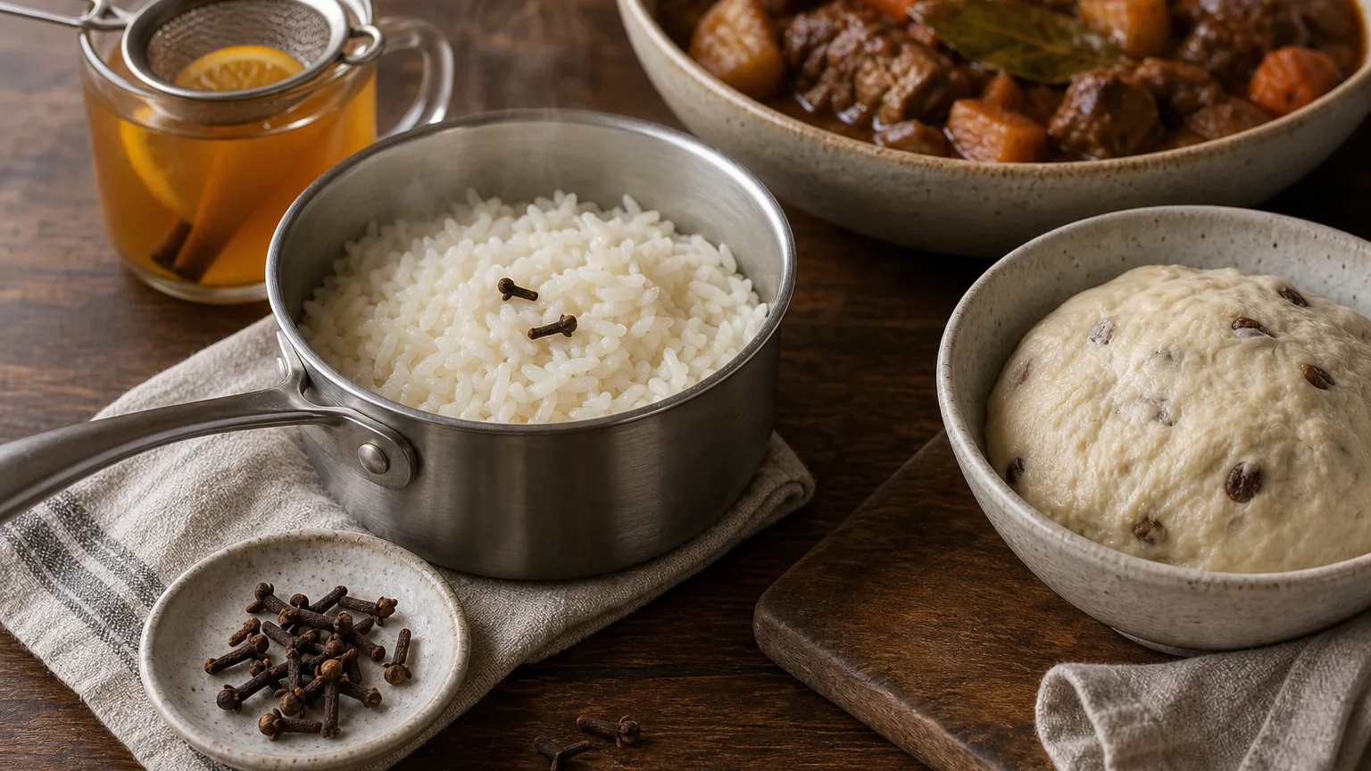 Whole cloves in rice, counted cloves, mulled drink with strainer, stew, and clove-studded dough