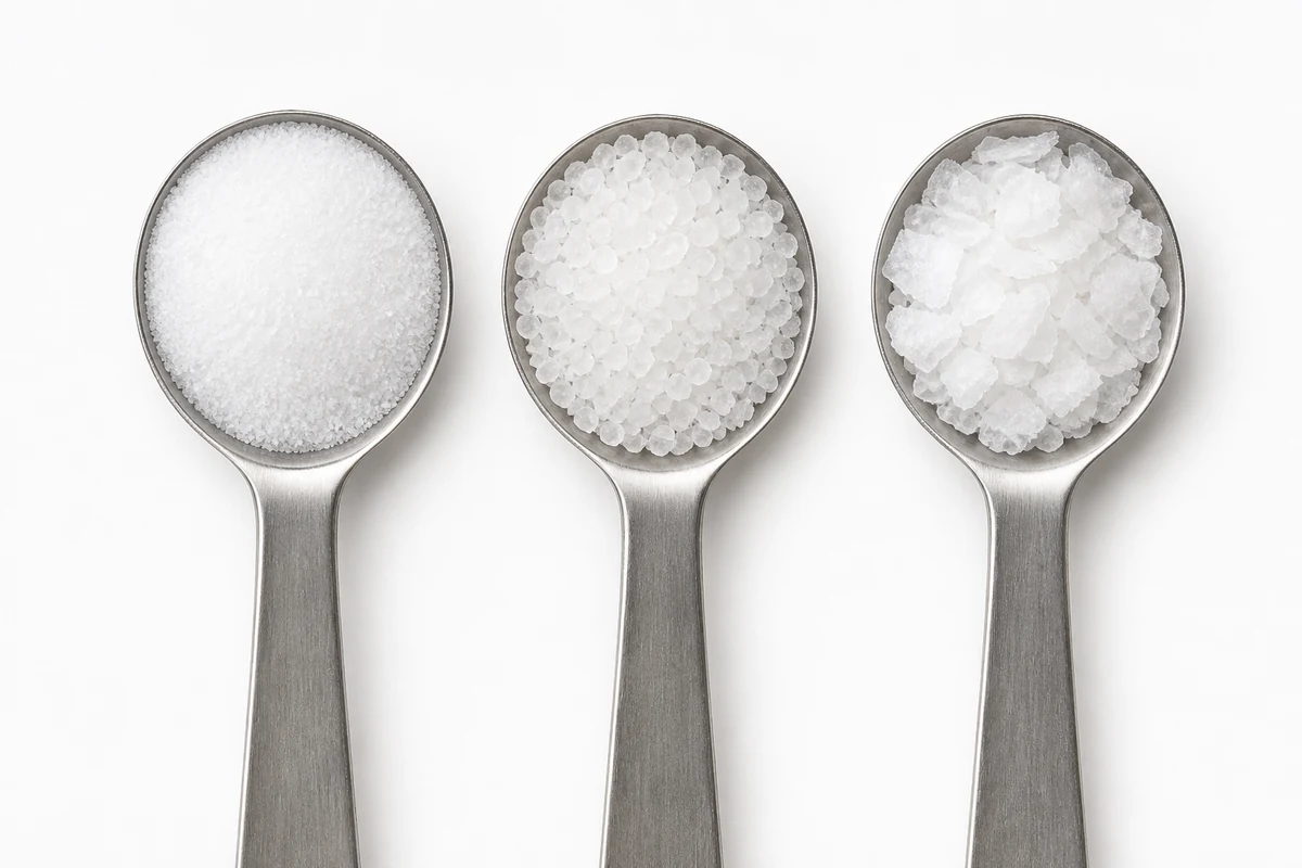 Three identical teaspoons side by side holding fine table salt, coarse kosher salt and large flaky sea salt, the crystal sizes visibly different - why a teaspoon of salt is not a fixed amount | KnowTheSpices