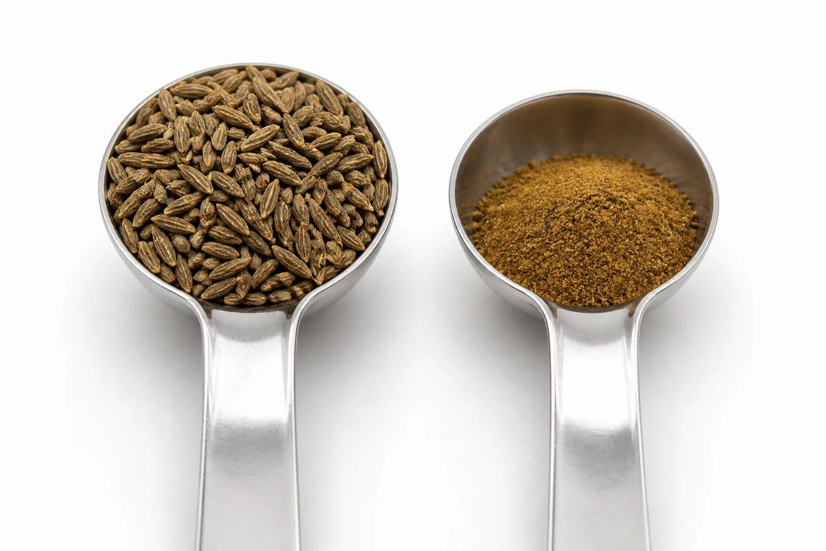 Two identical teaspoons side by side, one heaped with whole cumin seeds and one with the ground powder made from exactly that quantity, the powder filling noticeably less of the spoon - whole to ground volume conversion | KnowTheSpices