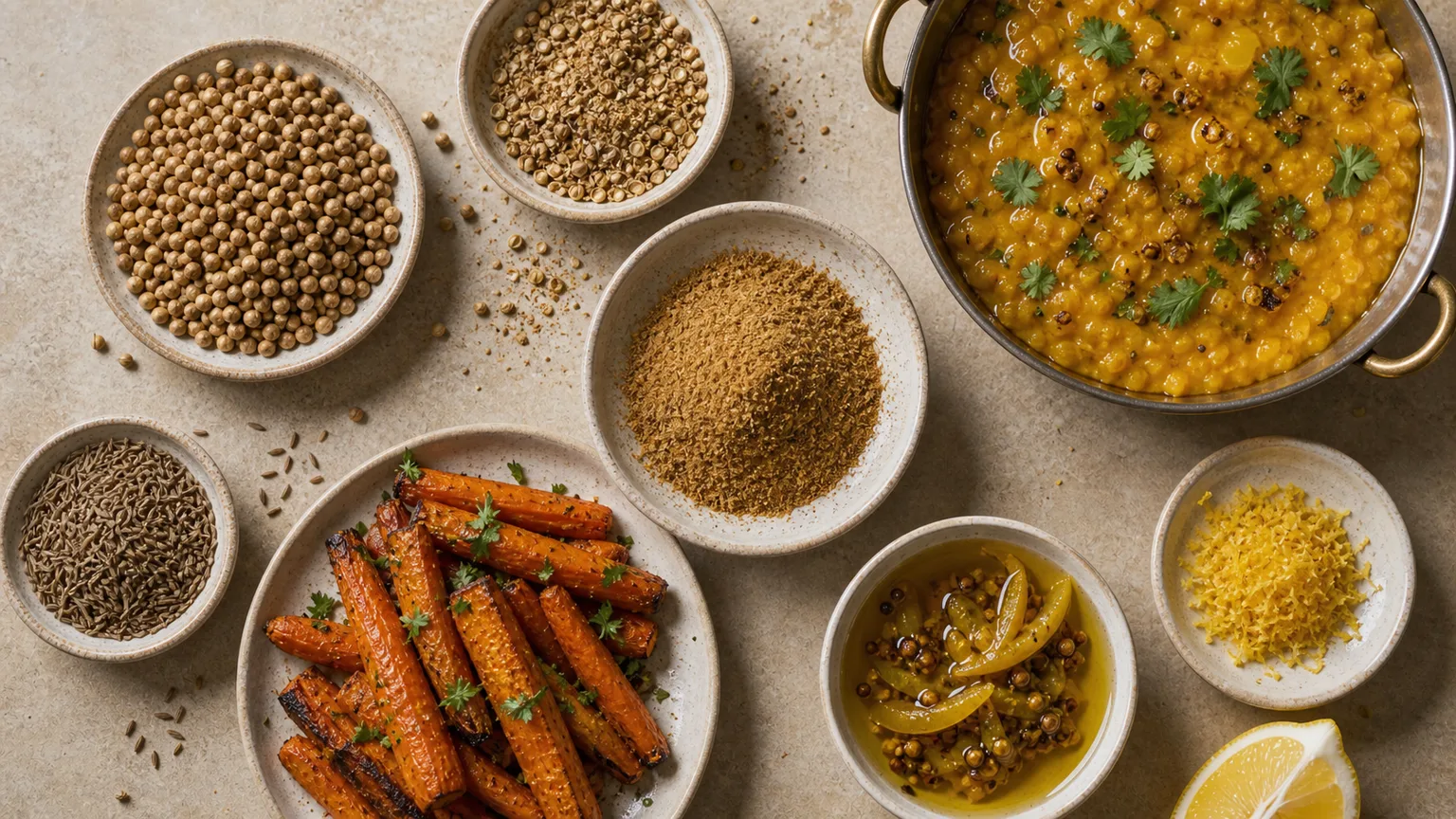 Whole coriander, cracked coriander, ground coriander, cumin, dal, roasted carrots, pickle brine, and lemon zest arranged overhead