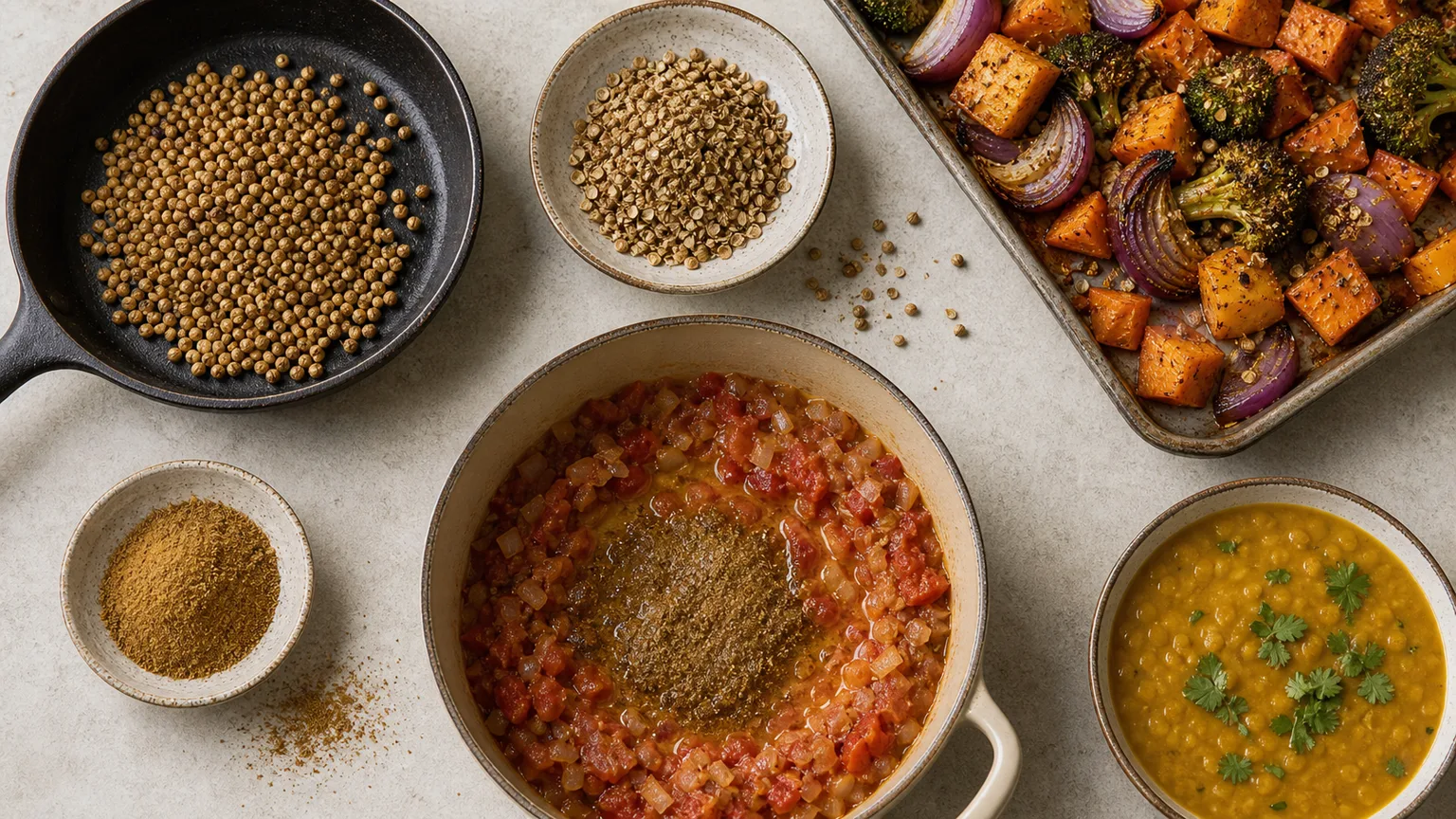 Coriander seeds toasting in a pan, cracked coriander, ground coriander blooming in sauce, dal, and roasted vegetables