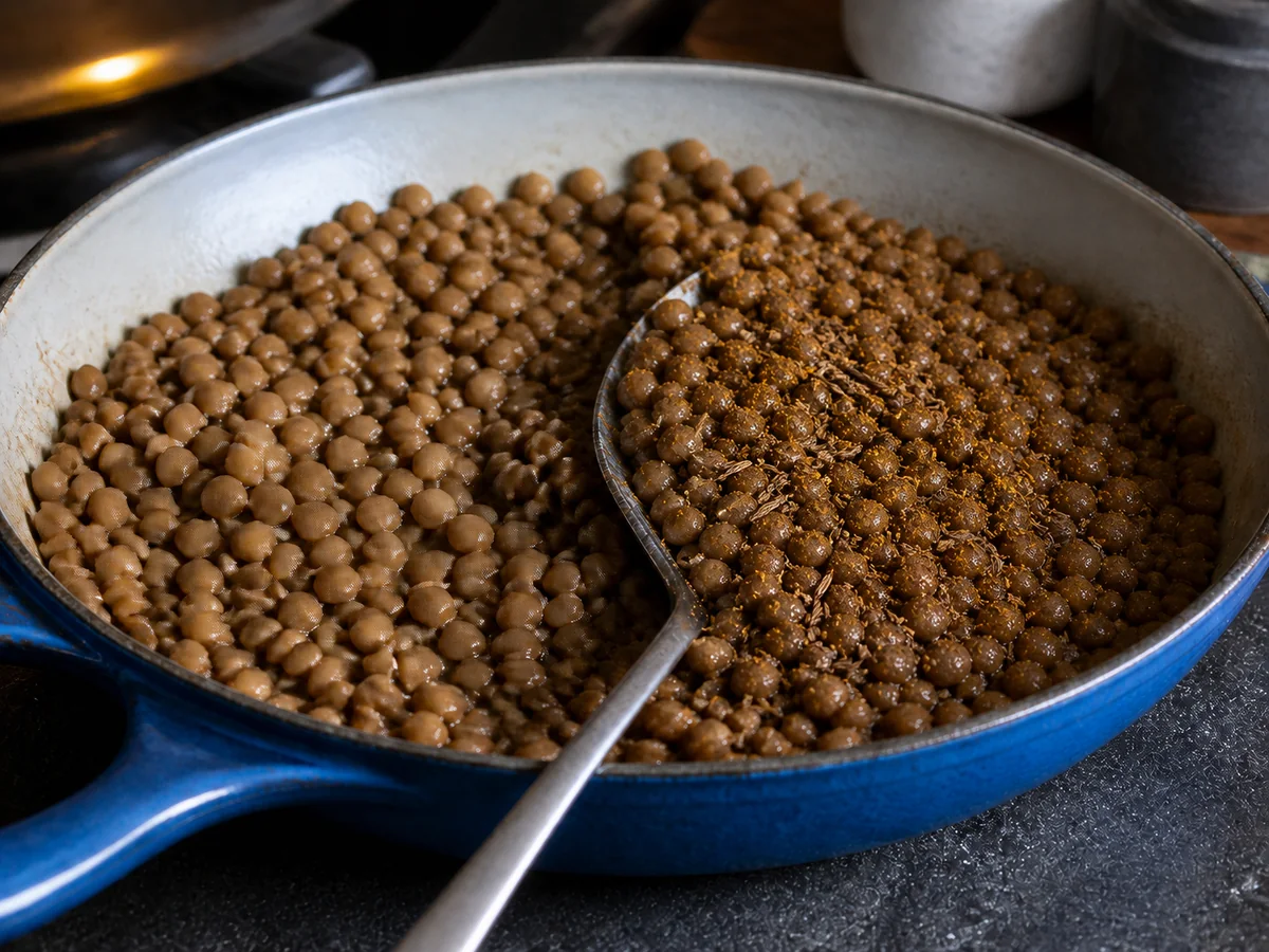 Cumin seeds and ground cumin folded into half of a pan of brown lentils - coriander seed substitutes | KnowTheSpices