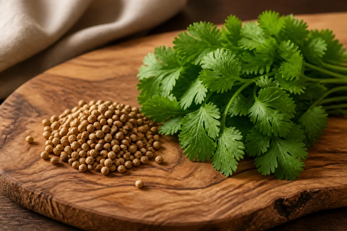 A pile of round pale brown dried coriander seeds beside a bunch of fresh green cilantro leaves