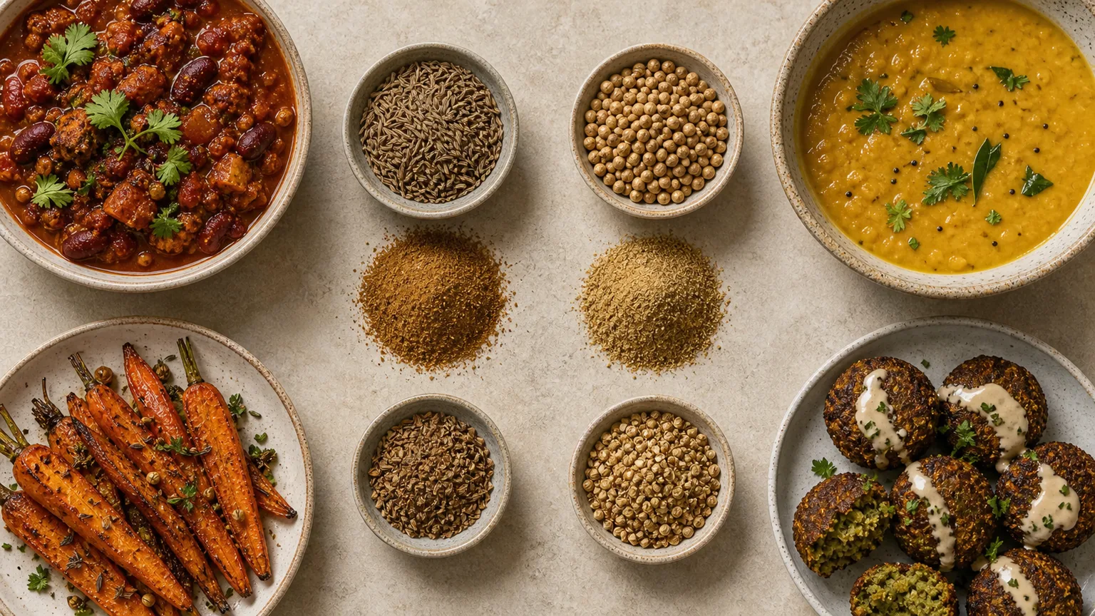 Cumin seeds and powder beside coriander seeds and powder with chili, dal, roasted carrots, and falafel contexts
