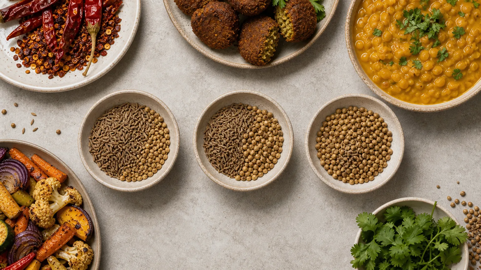 Bowls of cumin and coriander ratios shown beside chili, dal, falafel, roasted vegetables, and fresh herbs