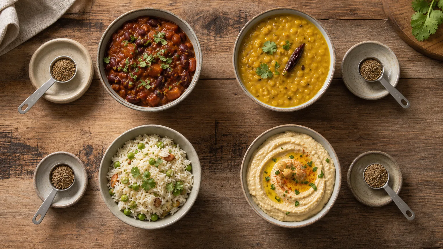 Measured cumin portions beside chili beans, dal, rice pilaf, and hummus