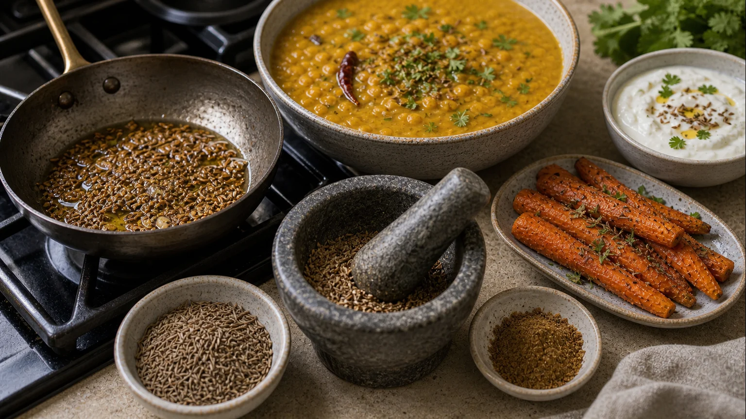 Whole cumin, ground cumin, toasted seeds, skillet, mortar, dal, chili beans, roasted carrots, and yogurt
