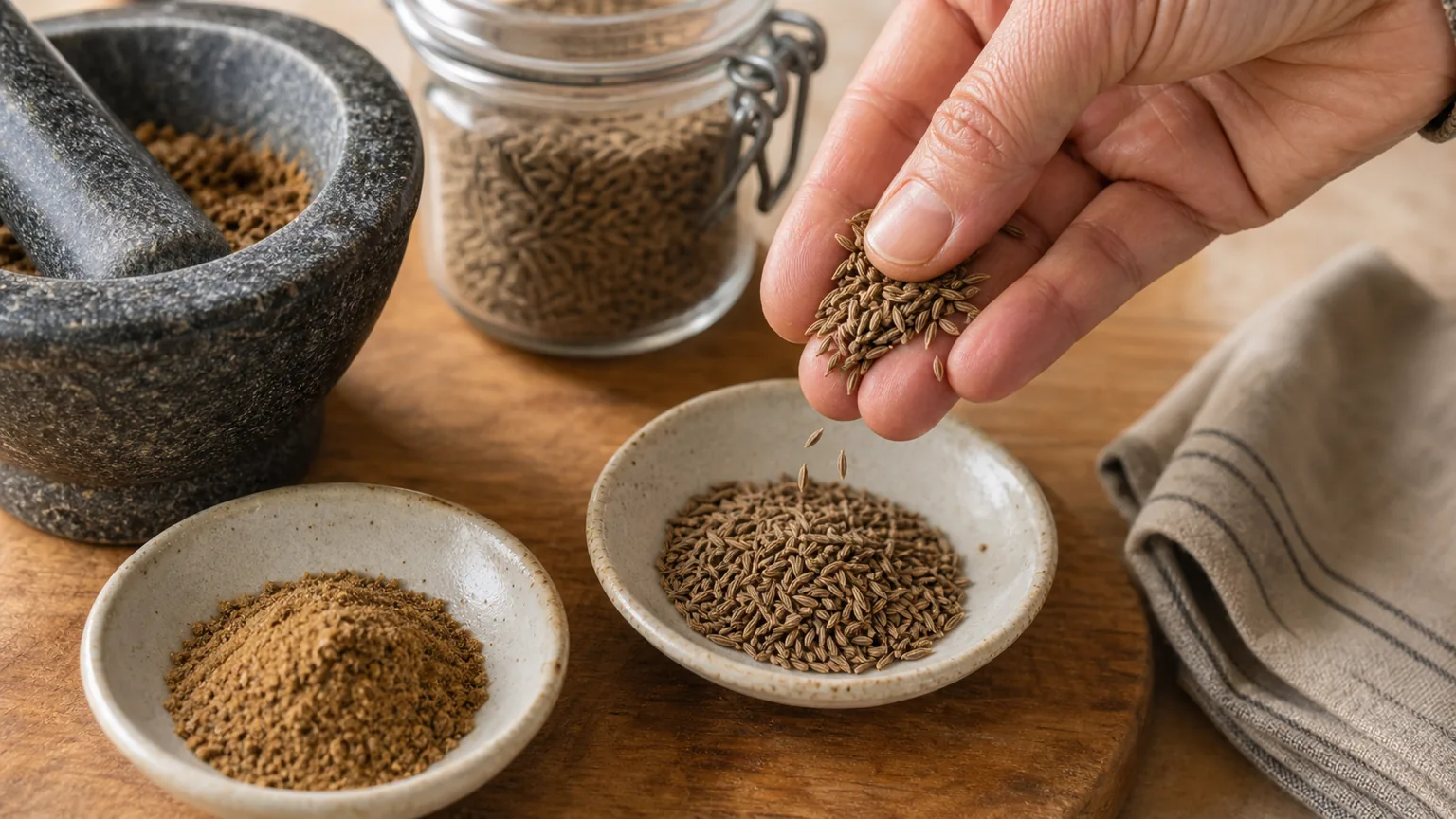 Hand rubbing whole cumin seeds beside mortar, fresh seeds, ground cumin, and storage jar