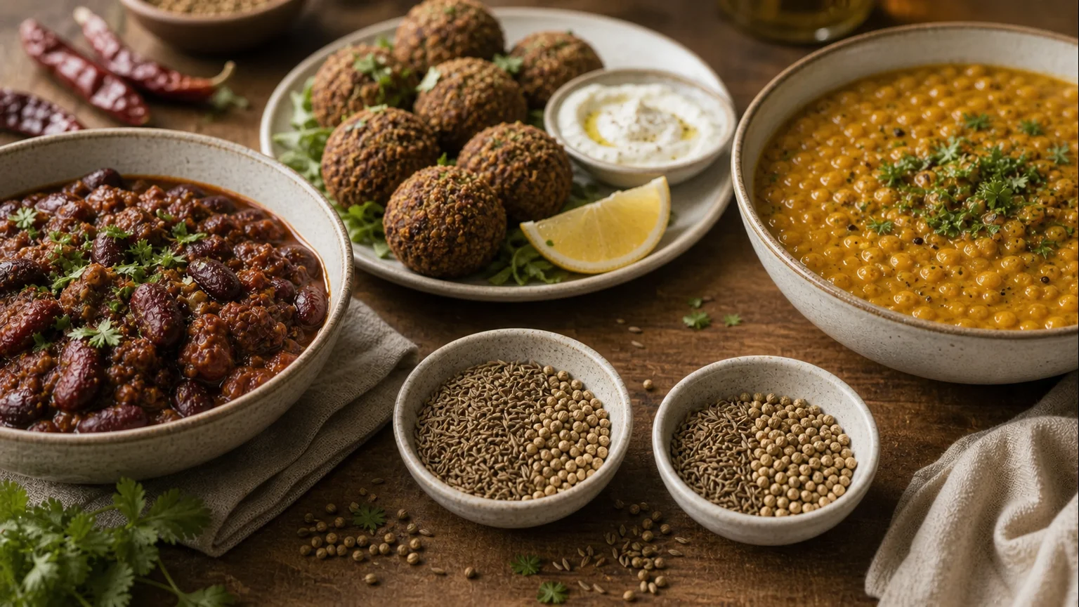 Cumin and coriander seed ratios beside chili, dal, falafel, roasted vegetables, and oil blooming pan