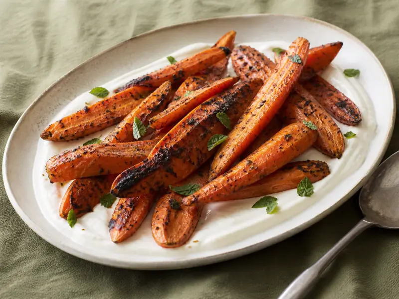 Charred cumin carrots resting over lemon yogurt with browned faces left visible - cumin carrots with yogurt | KnowTheSpices