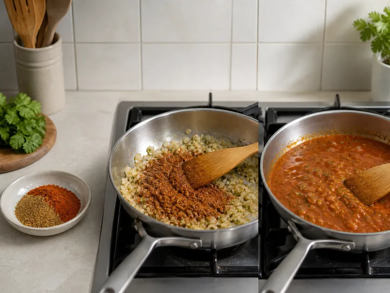 Dry measure, brief spice bloom, and finished sauce shown in sequence - cumin substitutes | KnowTheSpices