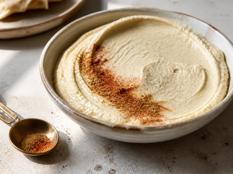 Pale hummus with a restrained coriander and smoked paprika swirl - cumin-substitutes | KnowTheSpices