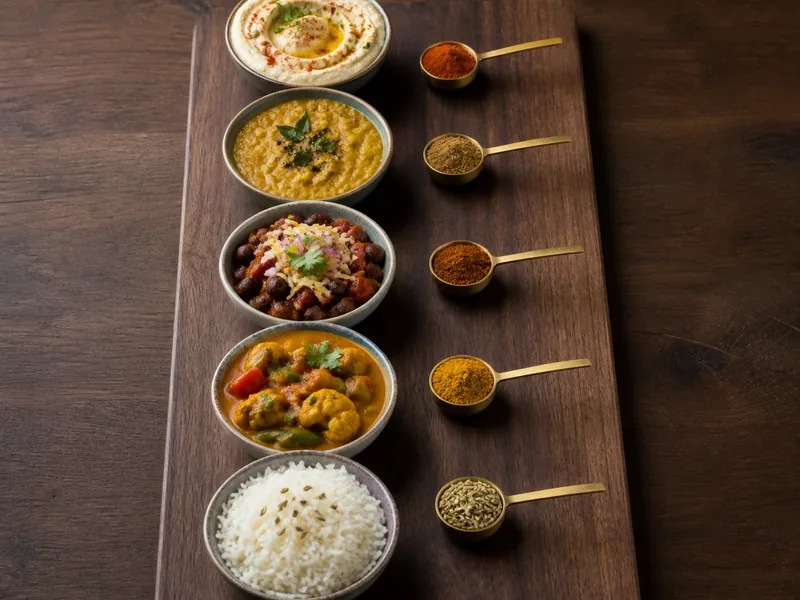 Coriander, smoked paprika, garam masala, taco seasoning, curry powder, and fennel beside relevant dishes - cumin substitutes | KnowTheSpices