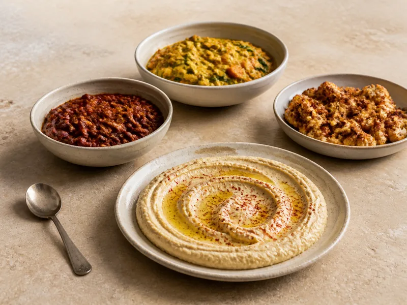 Hummus, chili, curry, and a spice rub showing different cumin substitute effects - cumin substitutes | KnowTheSpices