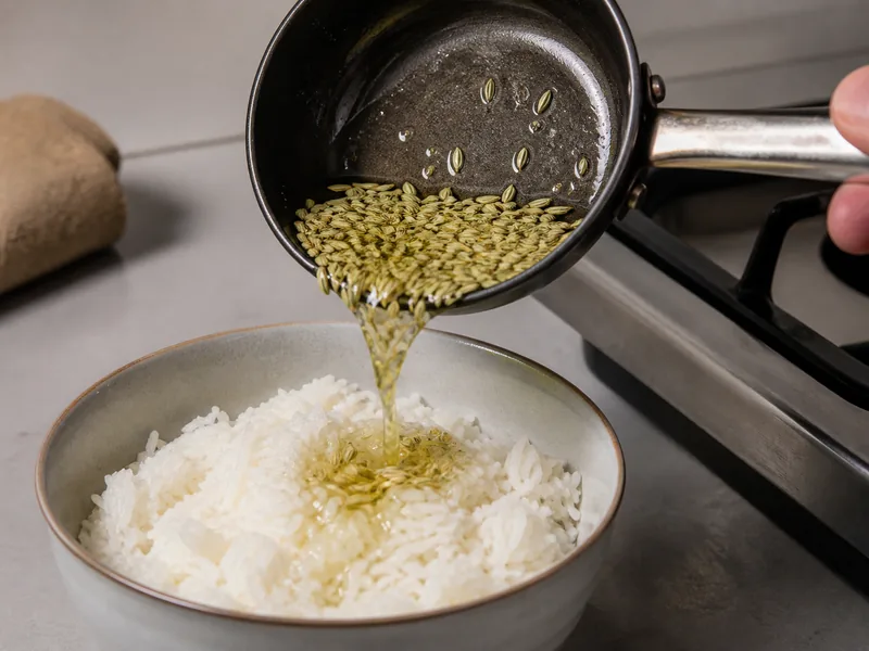 Hot oil and fennel seeds poured from a tempering pan onto rice - cumin-substitutes | KnowTheSpices