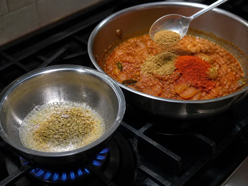 Whole fennel seeds sizzling beside ground coriander and paprika stirred into sauce - cumin substitutes | KnowTheSpices