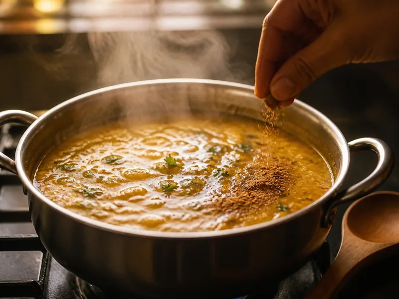A measured pinch of garam masala added to finished dal - cumin-substitutes | KnowTheSpices