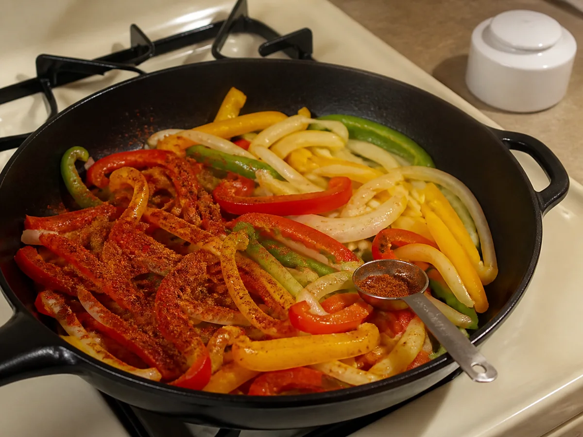 Fajita vegetables with taco seasoning folded through part of the pan and salt withheld - taco seasoning as a cumin substitute | KnowTheSpices