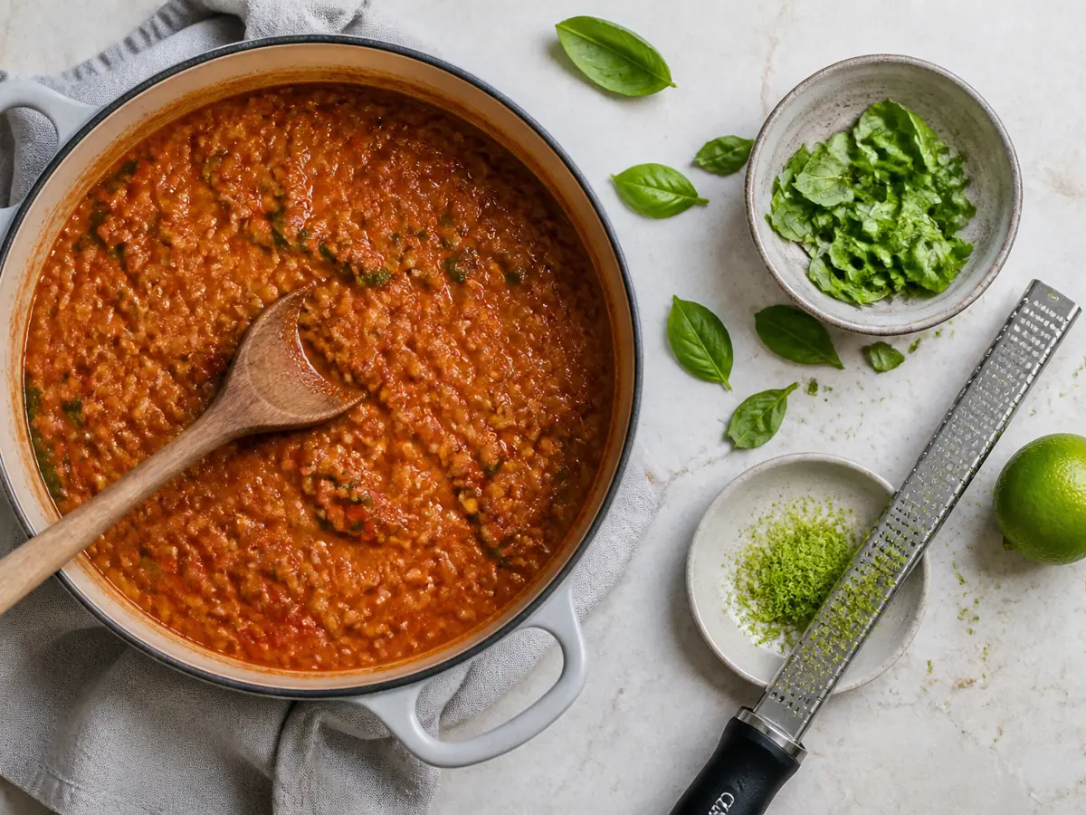 Torn basil and fine lime zest added to tomato lentils off heat - curry leaf substitutes | KnowTheSpices