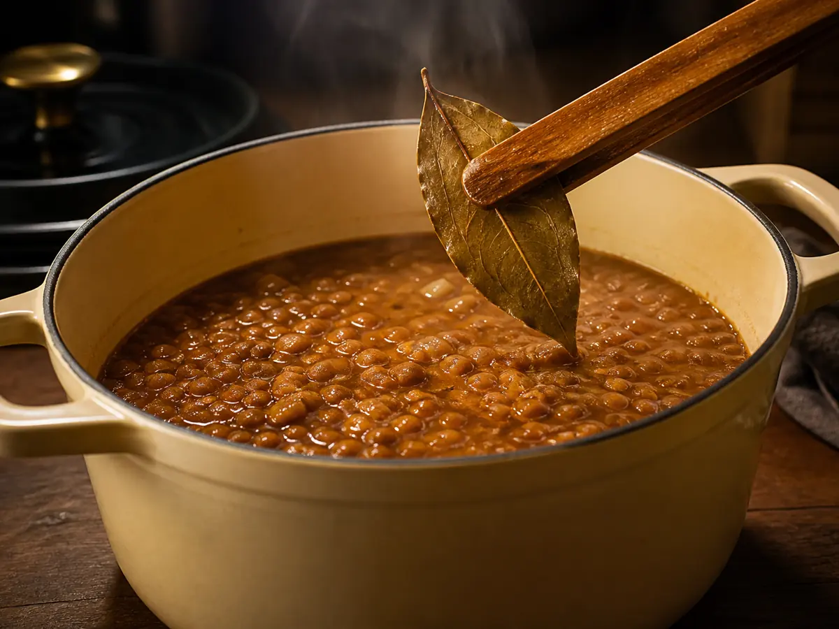 One bay leaf lifted from a long-simmered pot of brown lentils - curry leaf substitutes | KnowTheSpices