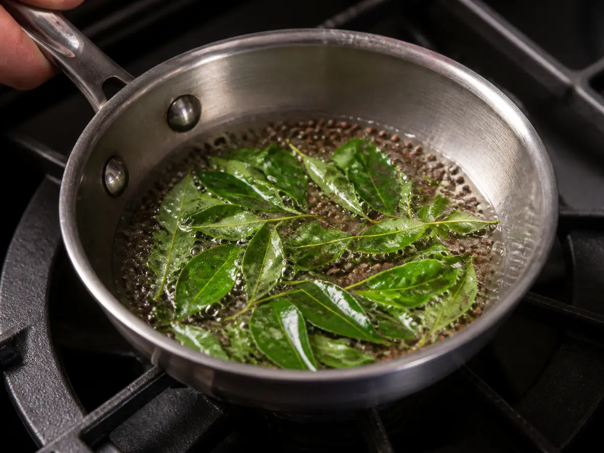 Fresh curry leaves blistering with mustard seeds in a small tempering pan - curry leaf substitutes | KnowTheSpices